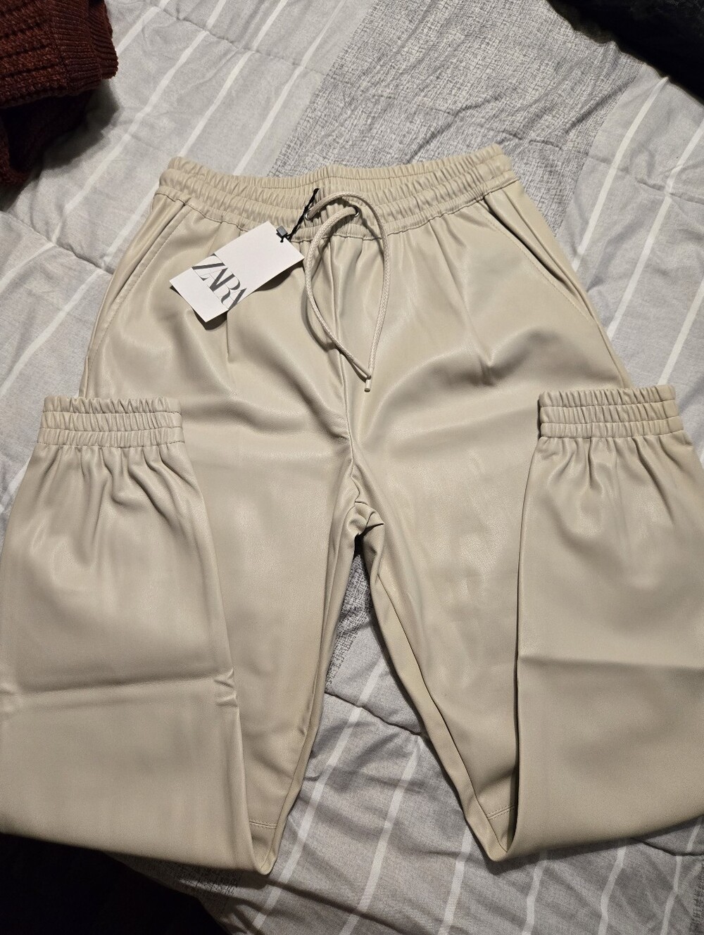 Zara Cream Faux Leather Jogger Pants with Drawstring